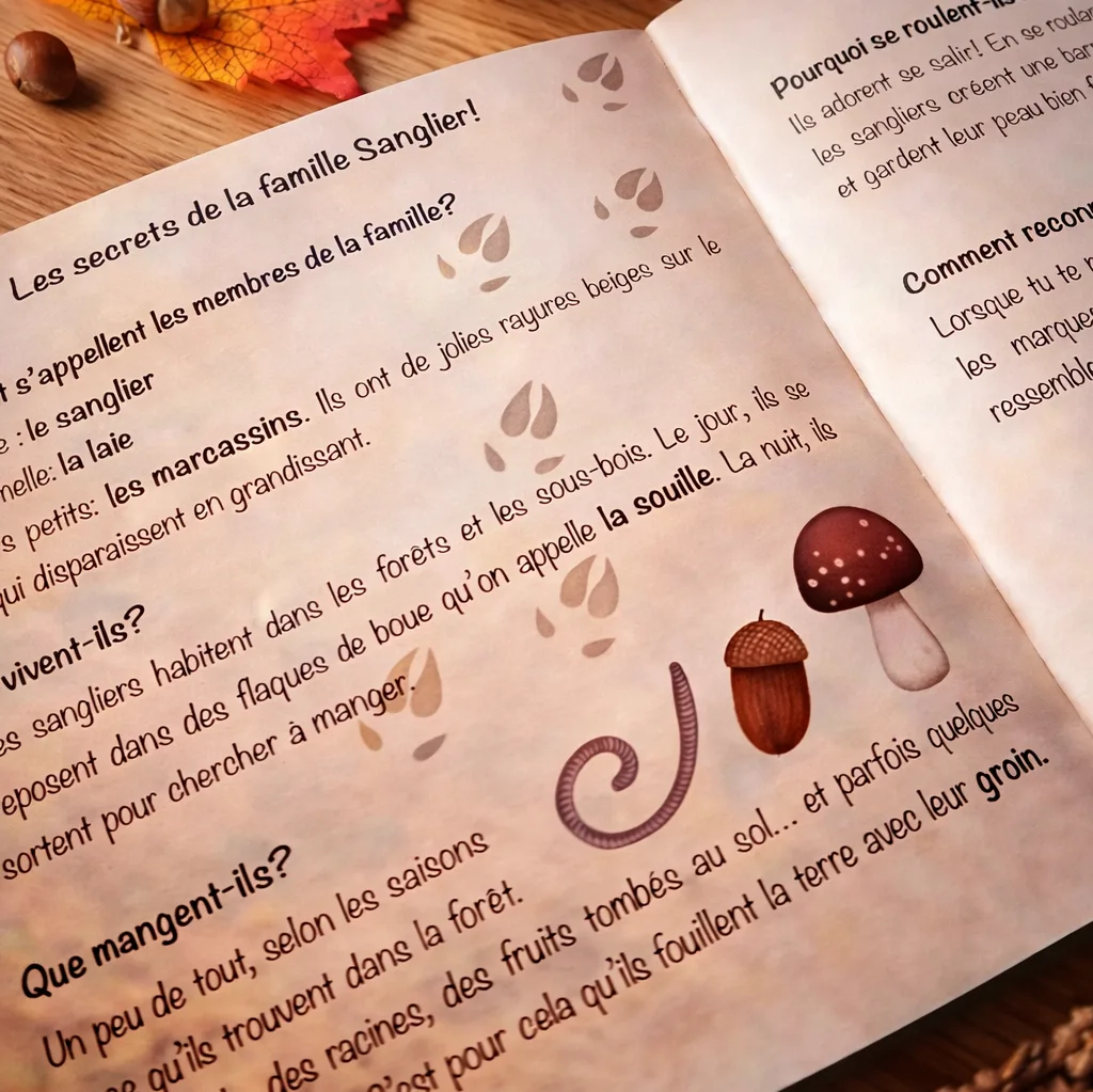 Page documentaire sur le sanglier, extraite d’un album des Contes de Zoufftgen
