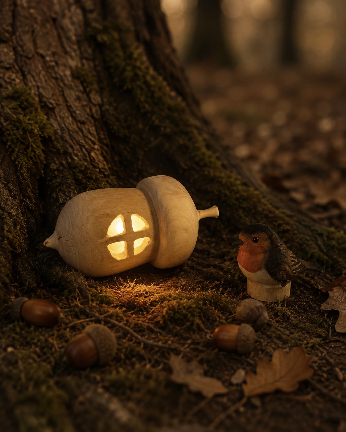 A wooden acorn, hollowed and lit from inside, resting on a wooden table