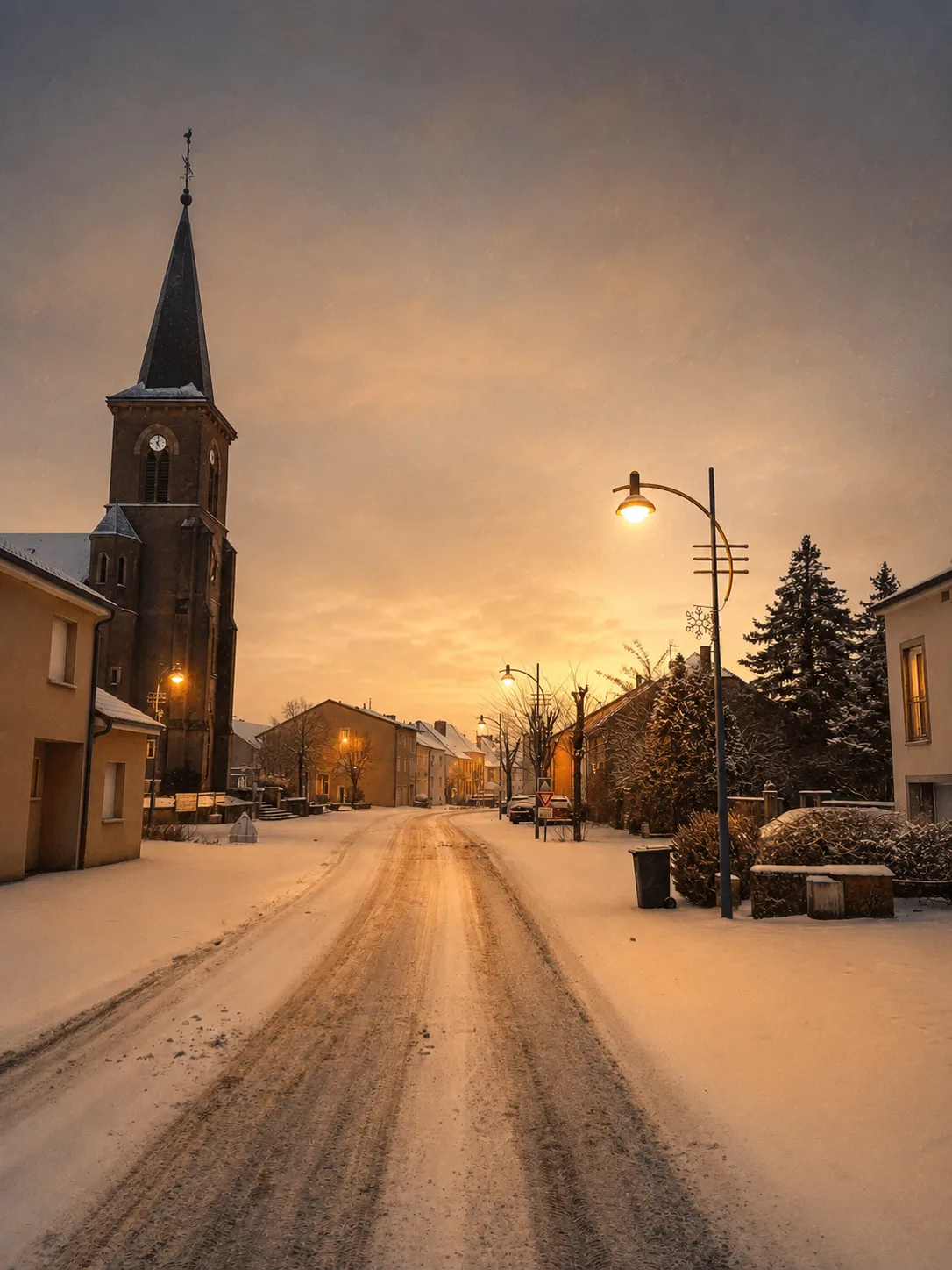 La rue principale de Zoufftgen sous la neige